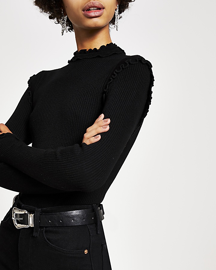 Black ribbed long sleeve frill high neck top