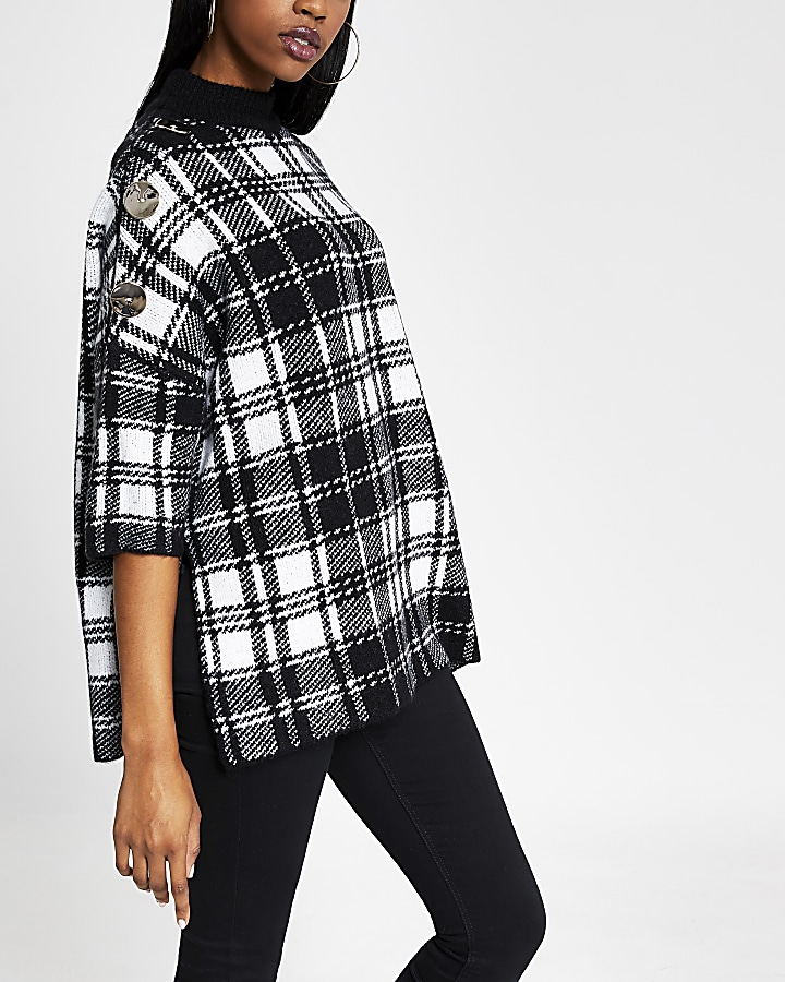 Black check turtle neck knitted cape