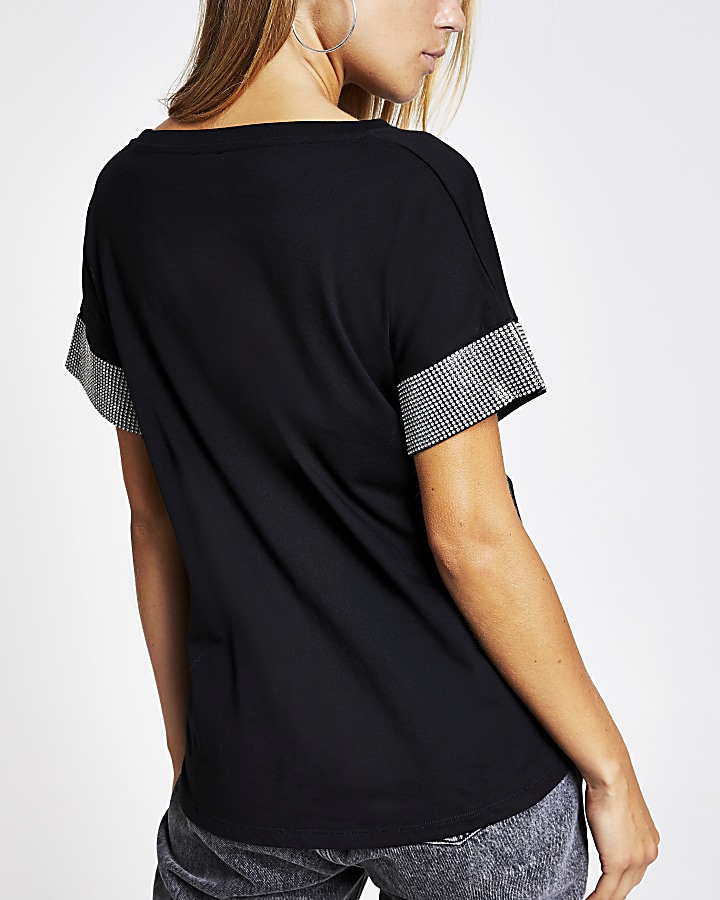 Black 'Paris' embellished cuff T-shirt