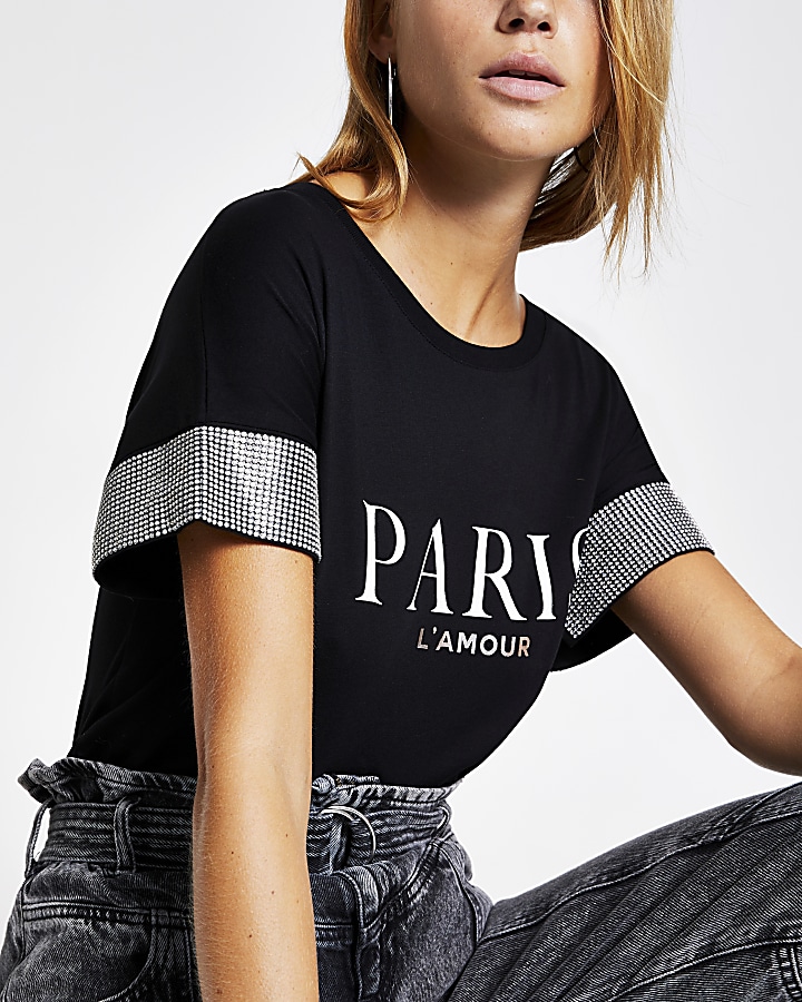 Black 'Paris' embellished cuff T-shirt