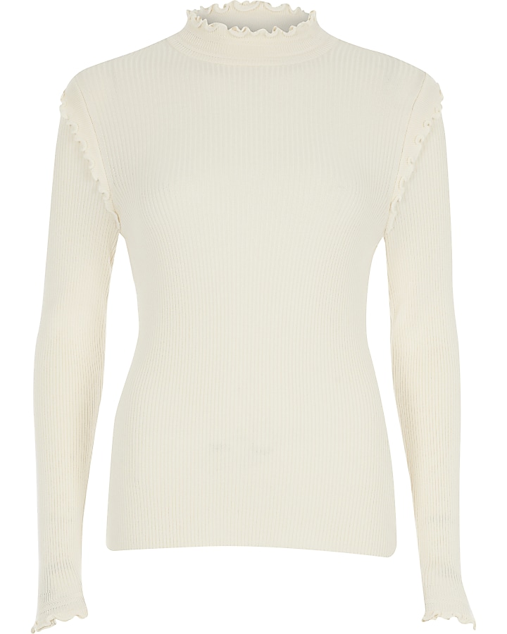 Cream frill high neck fitted knit top