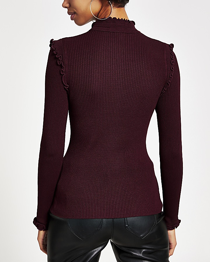 Dark red fitted frill trim high neck top