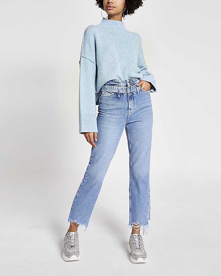 Blue long sleeve cropped knitted jumper