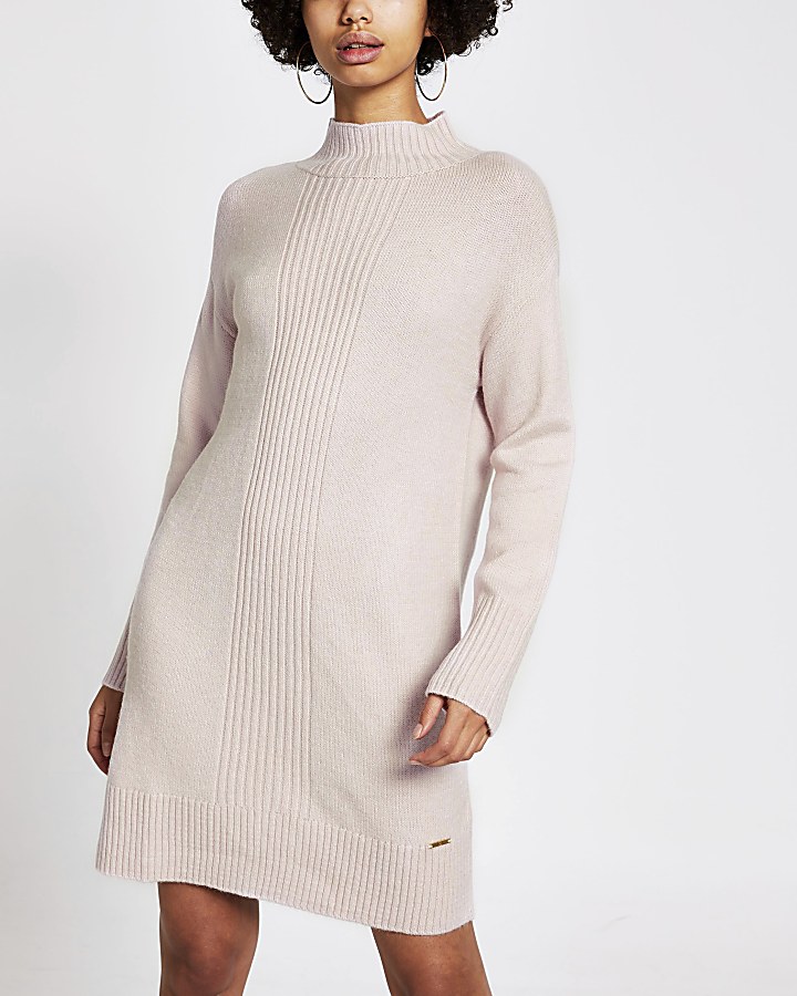 Pink high neck longline knitted tunic jumper