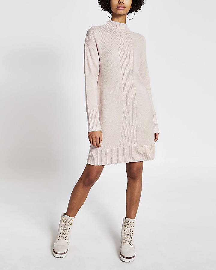 Pink high neck longline knitted tunic jumper