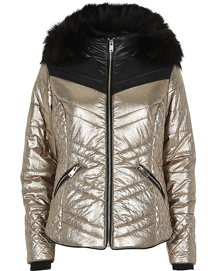 Bronze metallic faux fur hood padded jacket