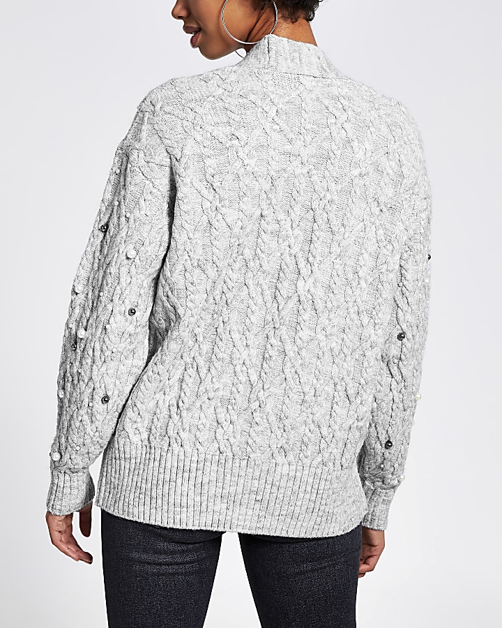 Grey cable knitted pearl embellished cardigan