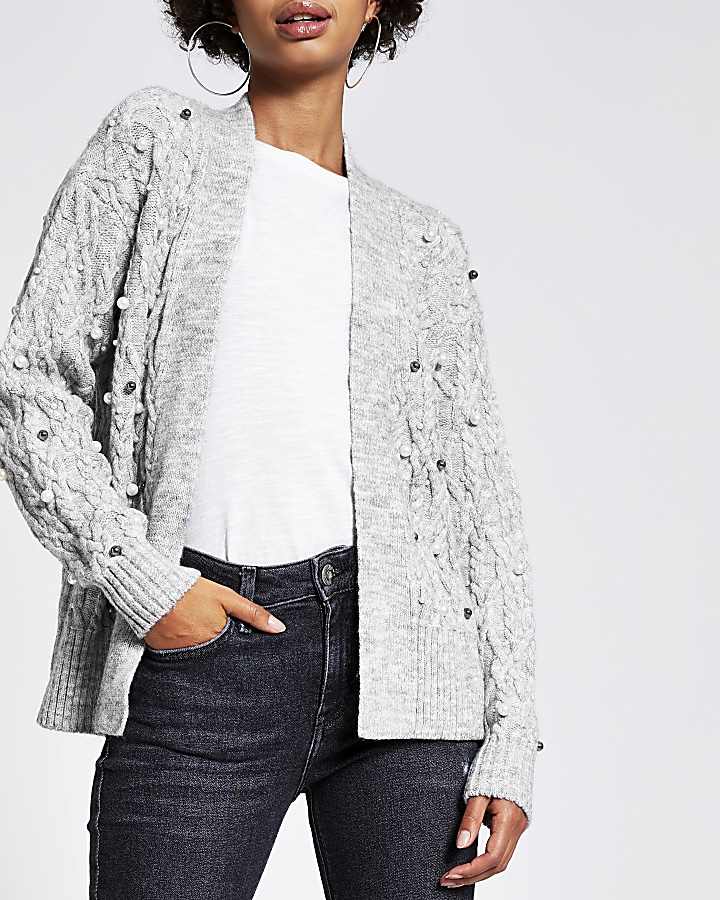 Grey cable knitted pearl embellished cardigan