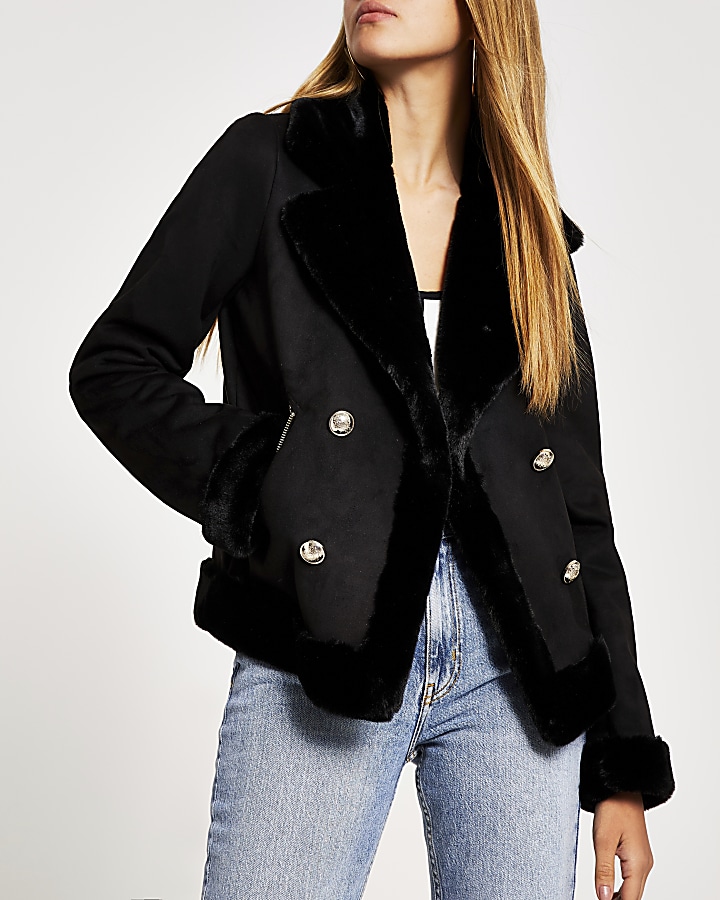 Black faux fur crested button aviator jacket
