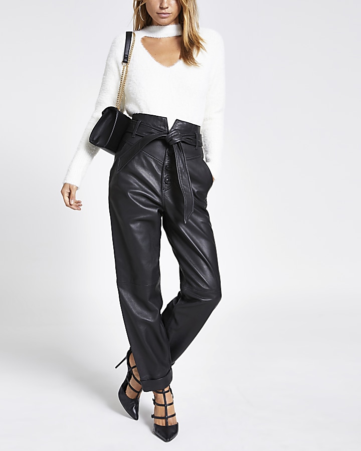 Black leather tie belted peg trousers