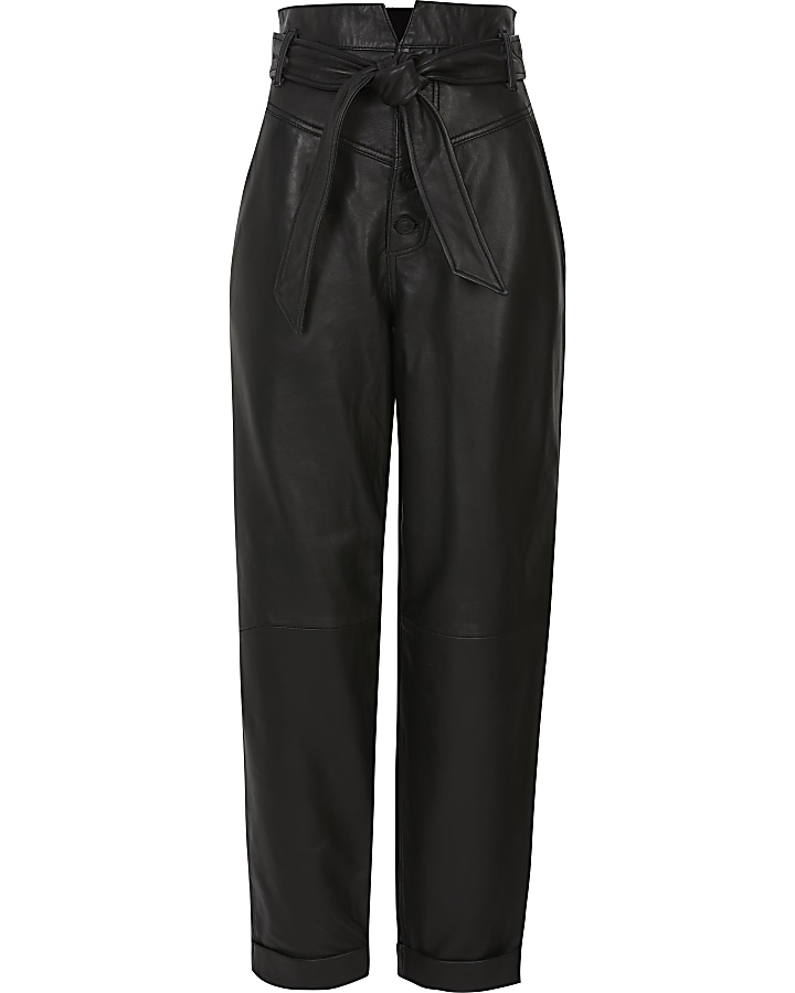 Black leather tie belted peg trousers