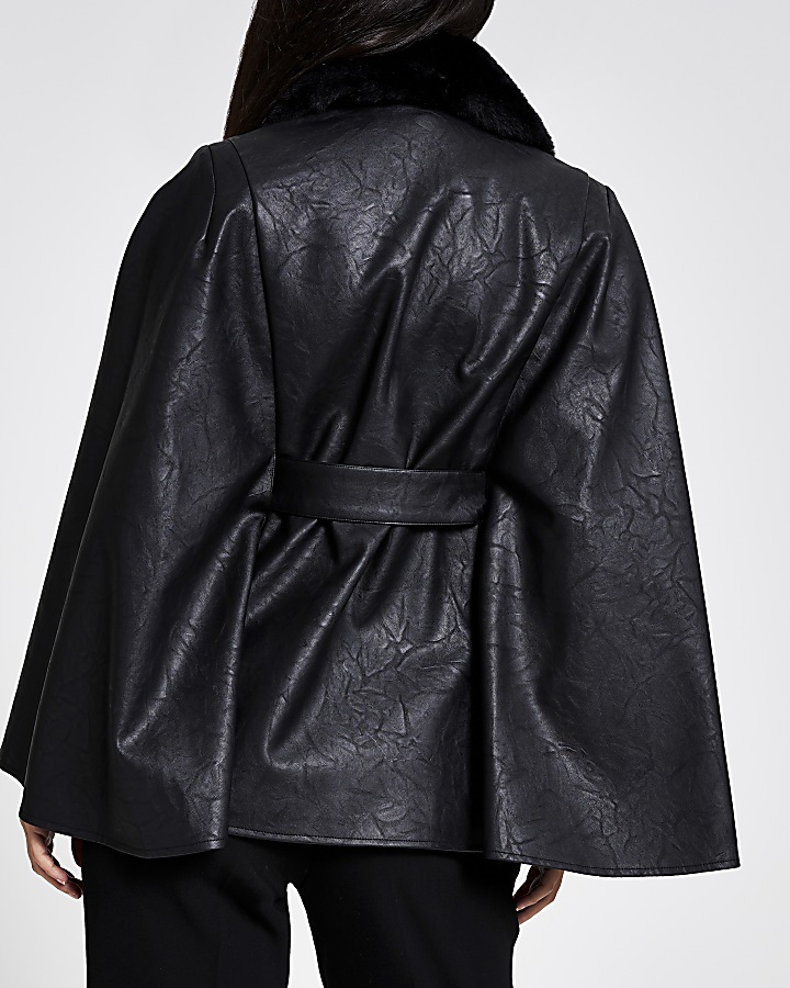 Black faux leather textured cape jacket