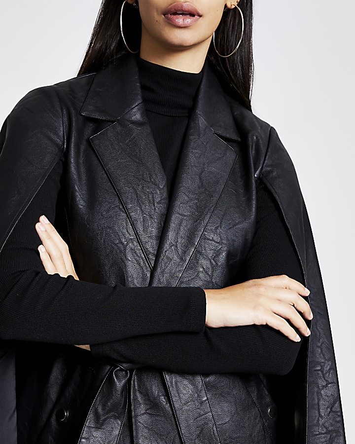 Black faux leather textured cape jacket