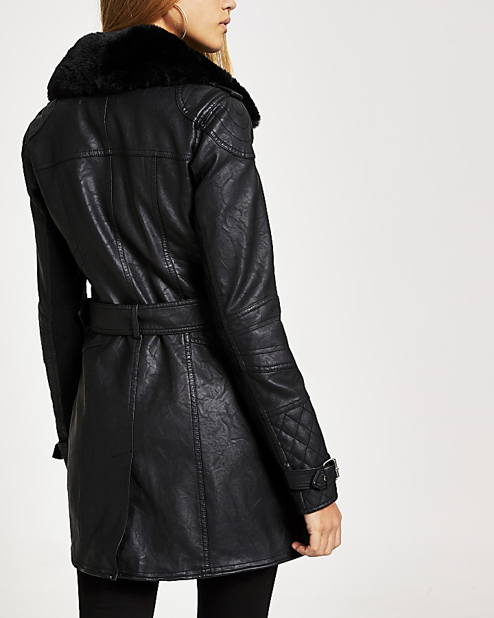 Black faux leather longline belted jacket