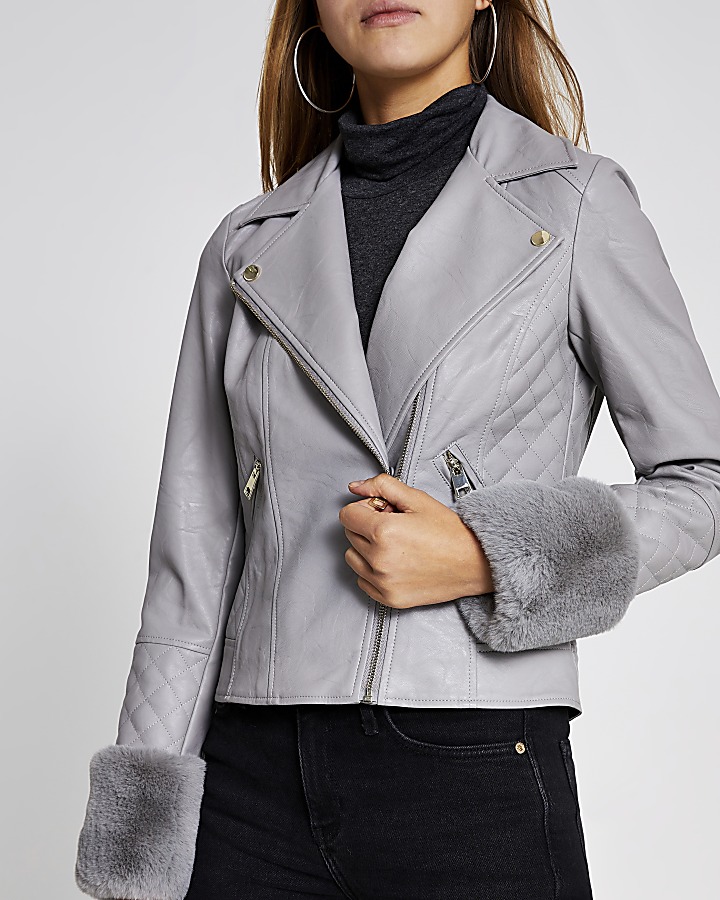 Grey faux fur cuff quilted biker jacket