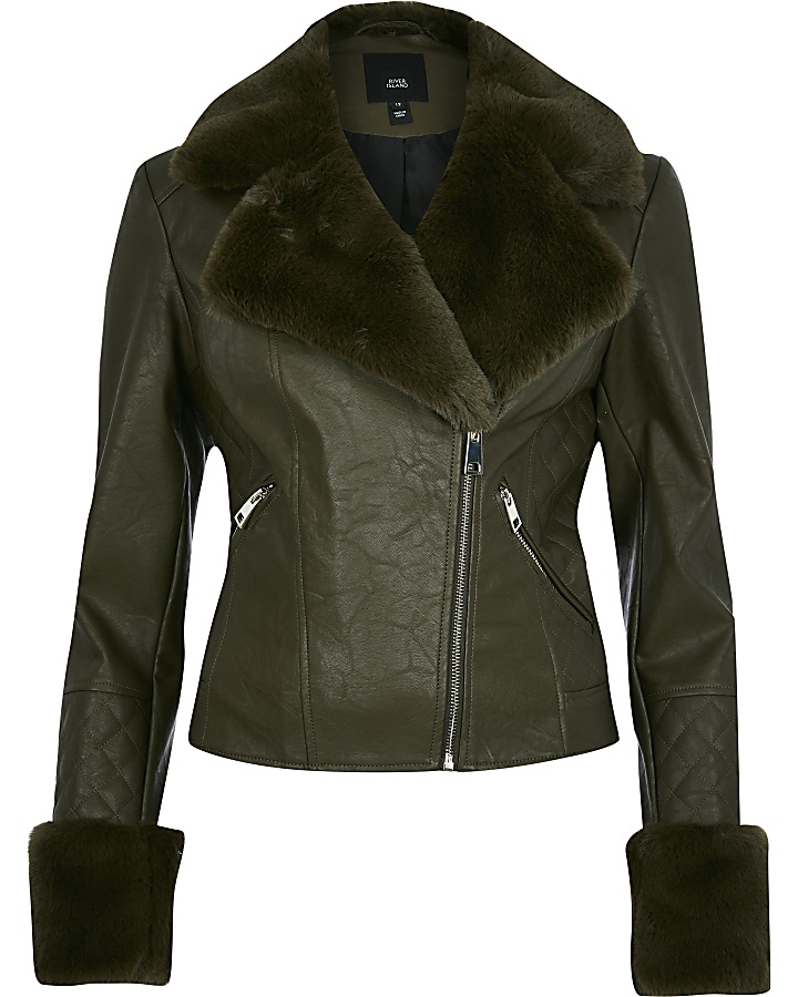 Khaki faux fur cuff quilted biker jacket