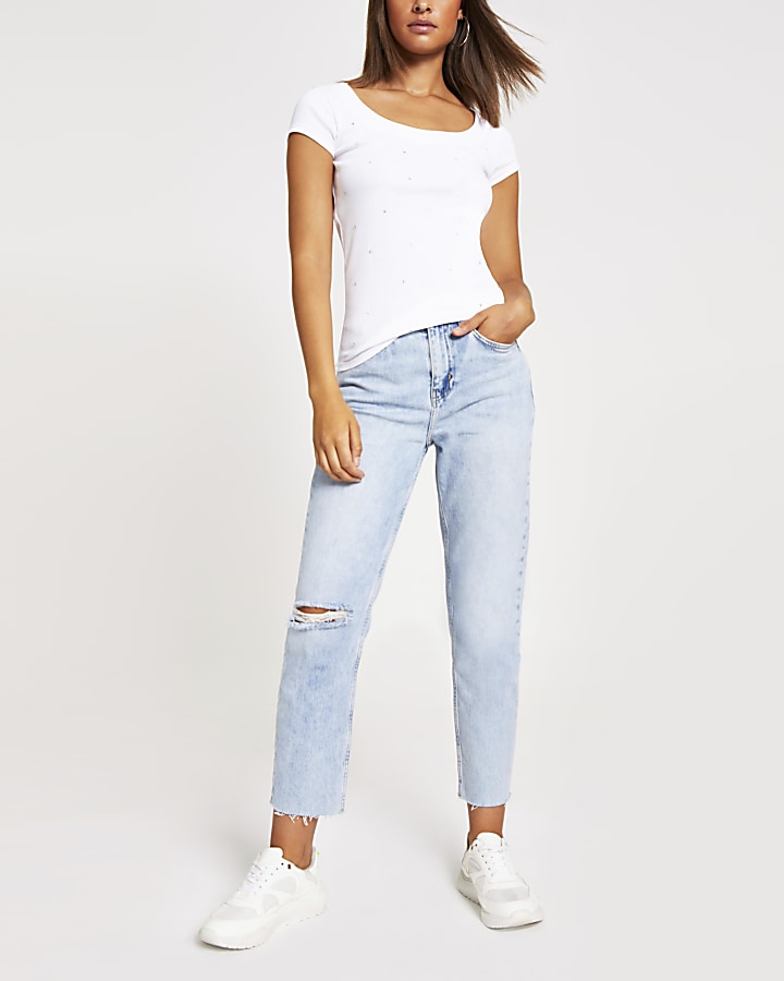 White diamante scoop neck fitted T-shirt