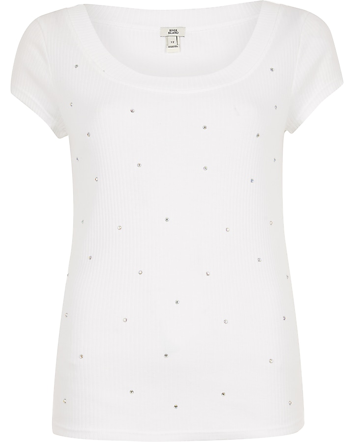 White diamante scoop neck fitted T-shirt