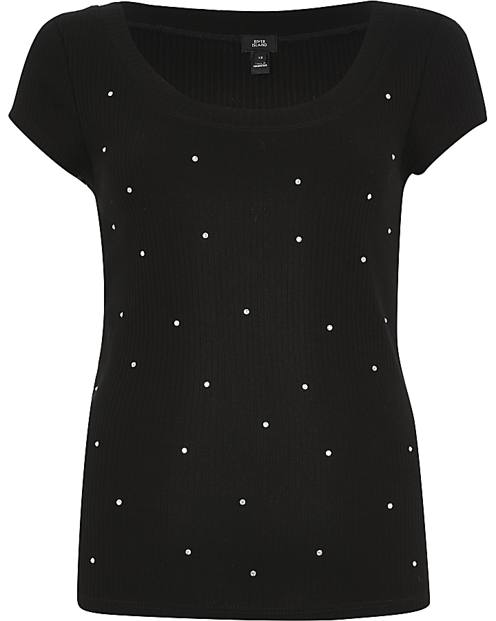 Black diamante scoop neck fitted T-shirt