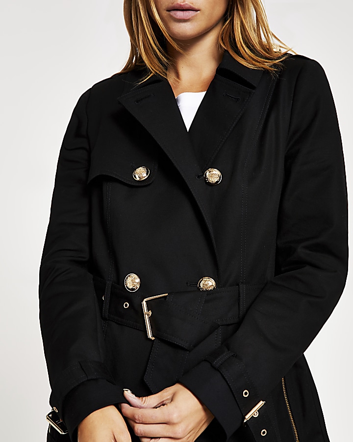 Black double breasted belted trench coat