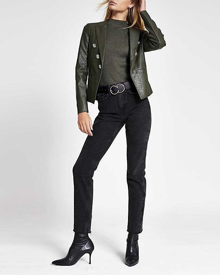 Khaki faux leather button front blazer