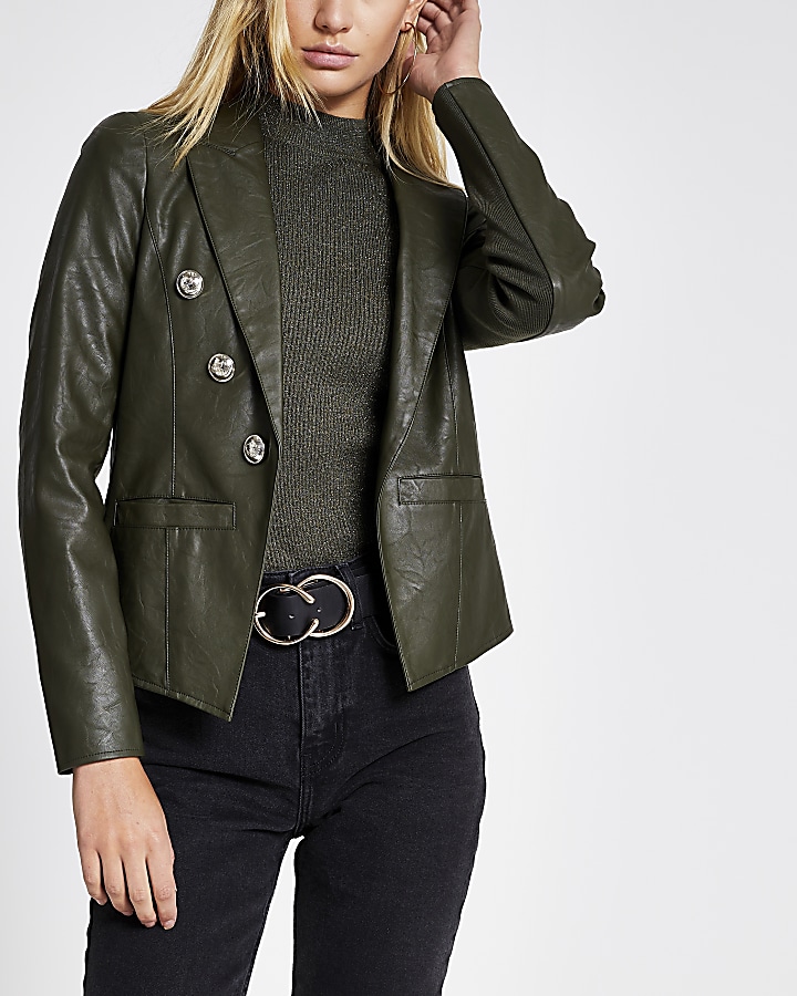 Khaki faux leather button front blazer