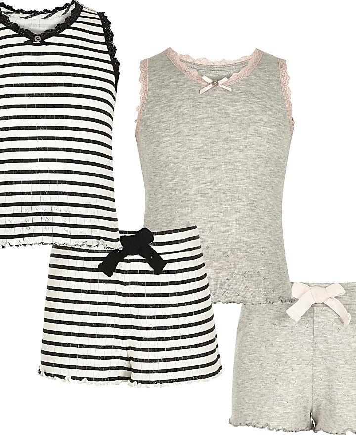 Girls grey and stripe pointelle pyjama set
