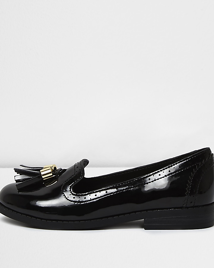 Girls black patent tassel brogue loafers