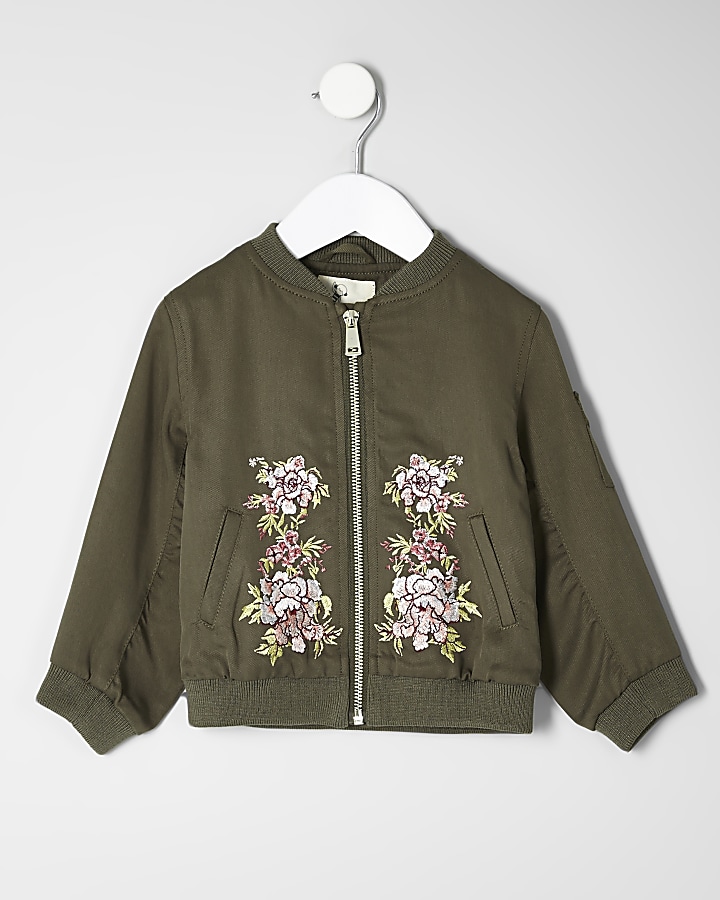 Mini girls khaki embroidered bomber jacket