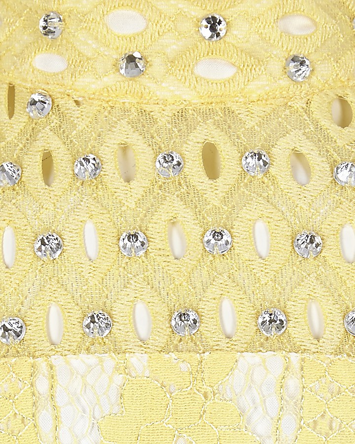 Girls yellow lace diamante prom dress
