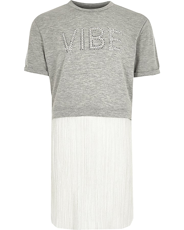 Girls grey sparkly pleated T-shirt dress