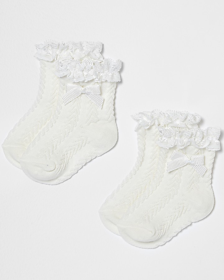Mini girls cream frill bow socks multipack