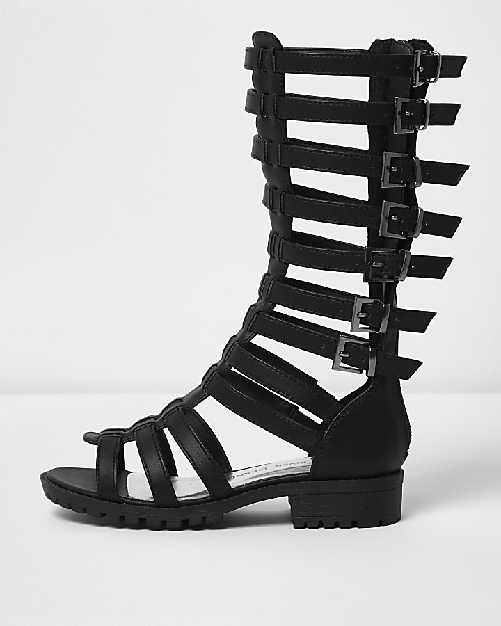 Girls black knee high gladiator sandals