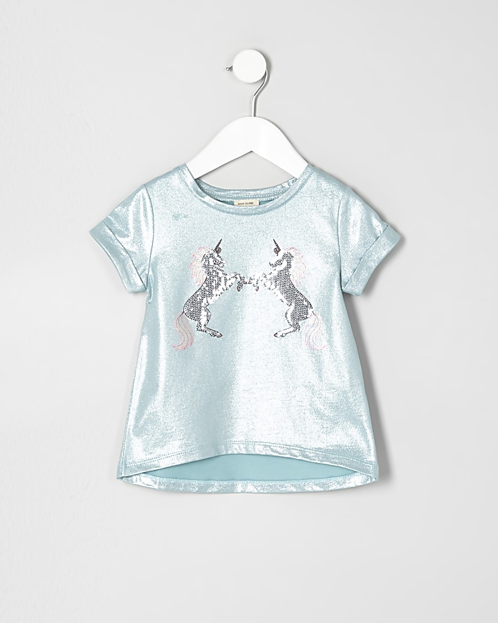 Mini girls turquoise metallic unicorn T-shirt