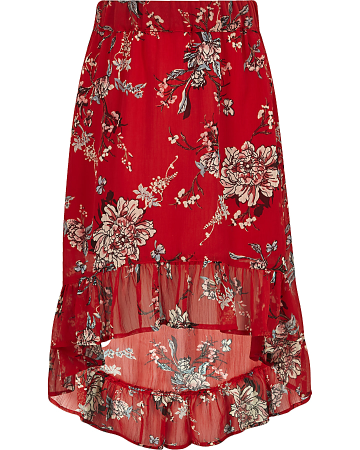 Girls red floral high-low hem maxi skirt