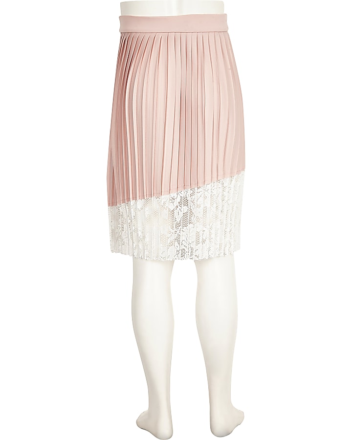 Girls pink and white lace panel pleated skirt