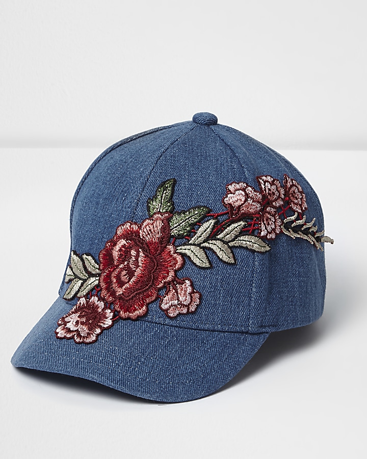 Mini girls denim floral embroidered cap