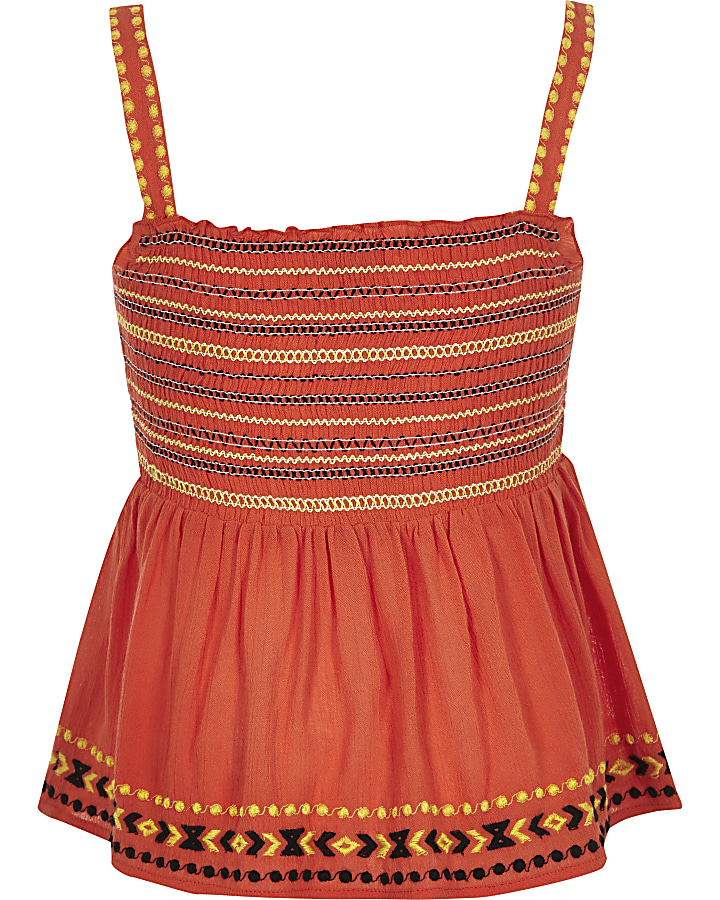 Girls coral shirred embroidered cami top