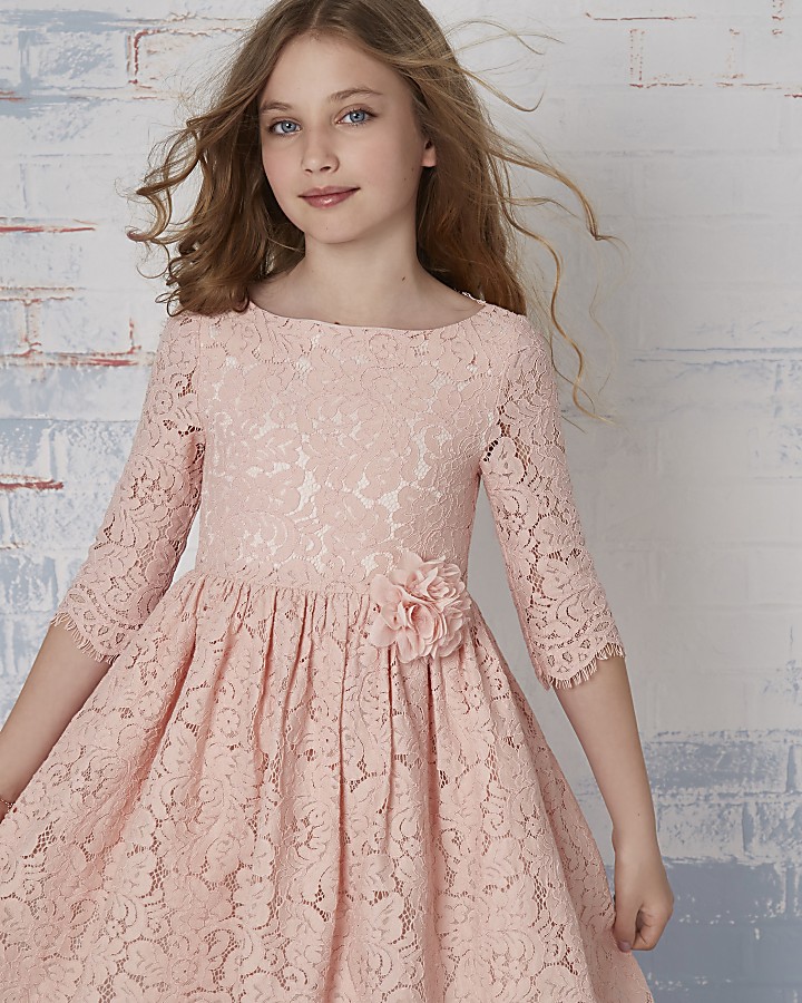 Girls pink lace corsage flower girl dress