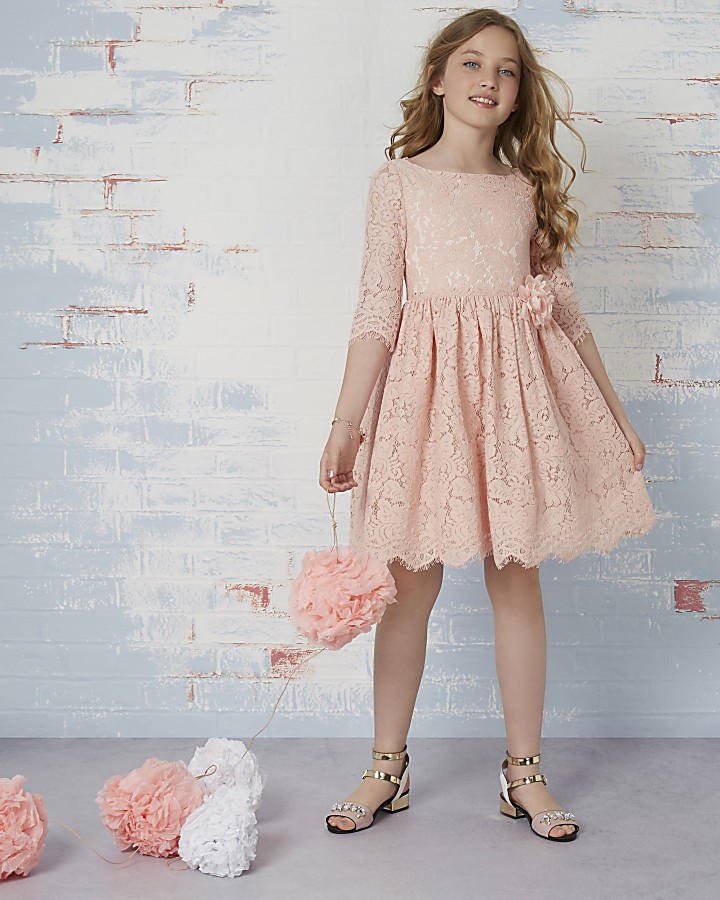 Girls pink lace corsage flower girl dress