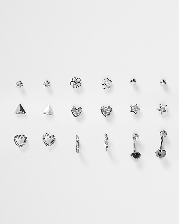 Girls silver tone diamante earrings multipack