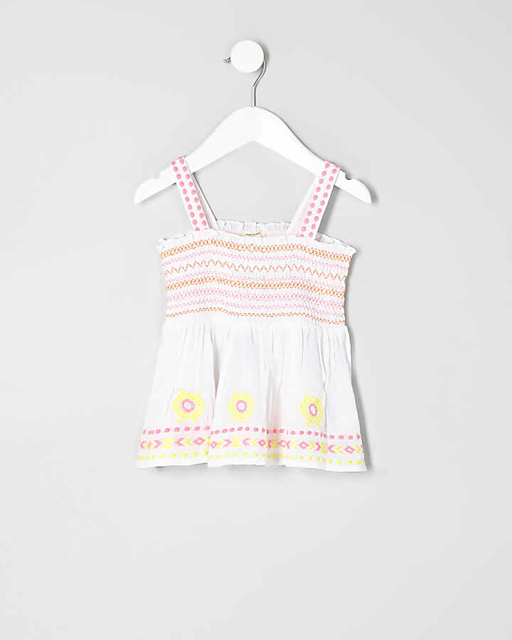 Mini girls white floral embroidered cami top