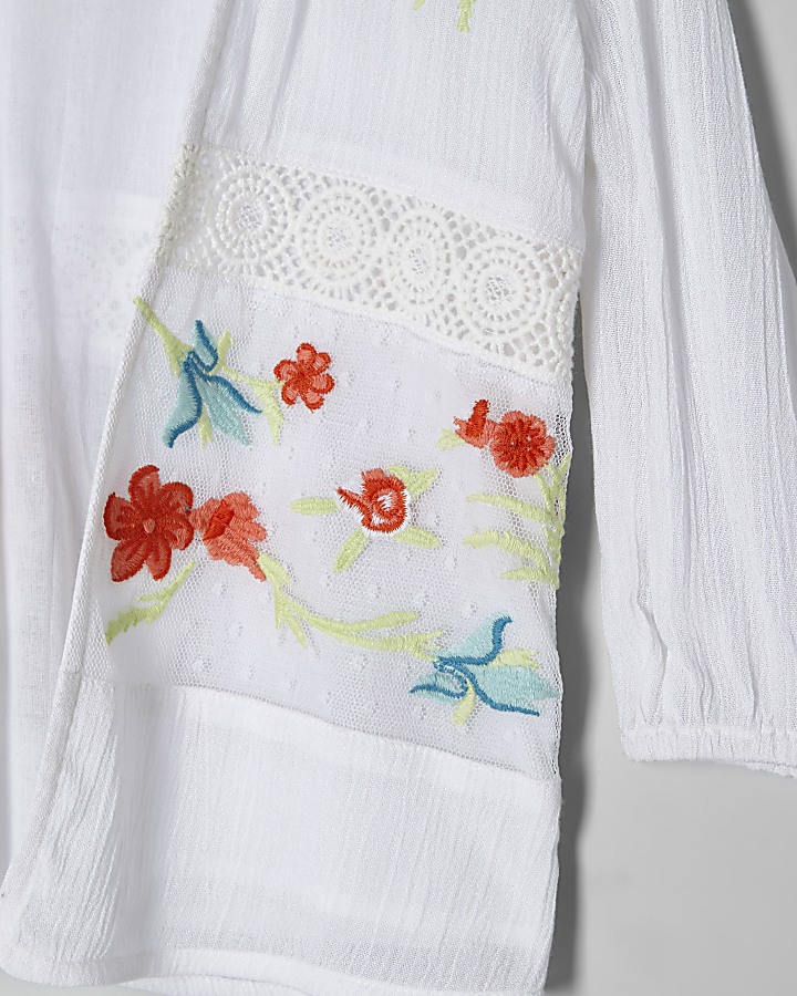 Mini girls cream embroidered mesh kimono