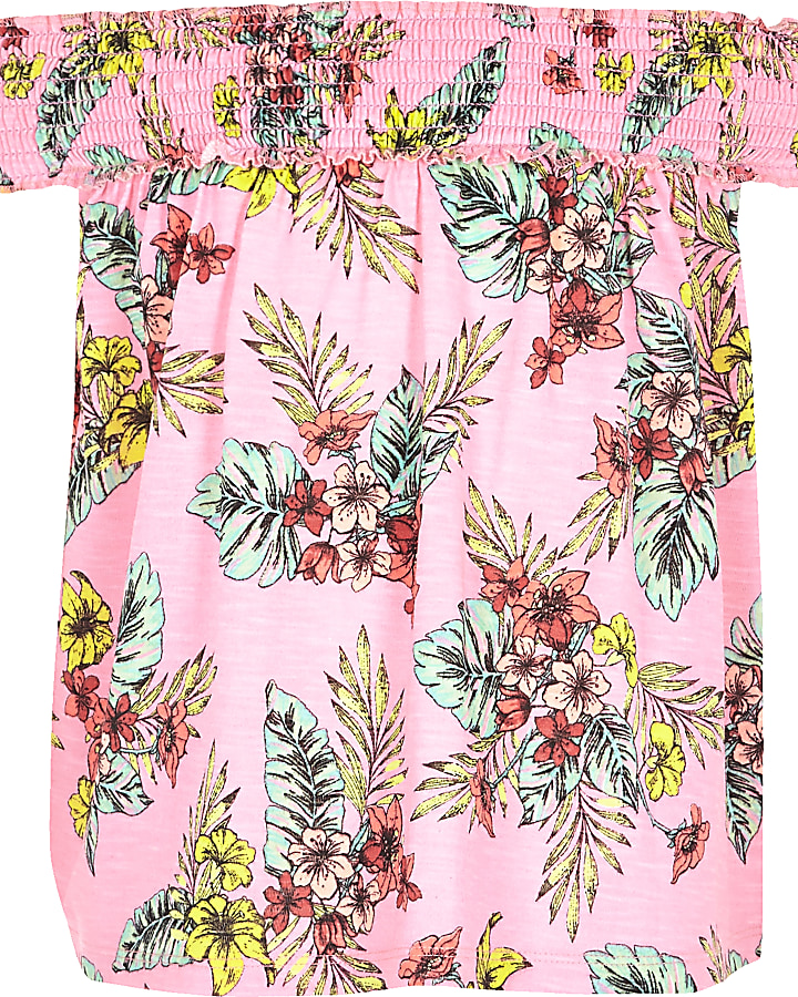 Girls pink tropical print bardot swing top
