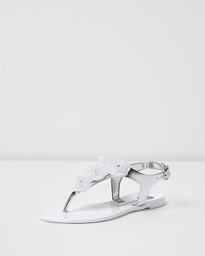 Girls white and silver floral jelly sandals