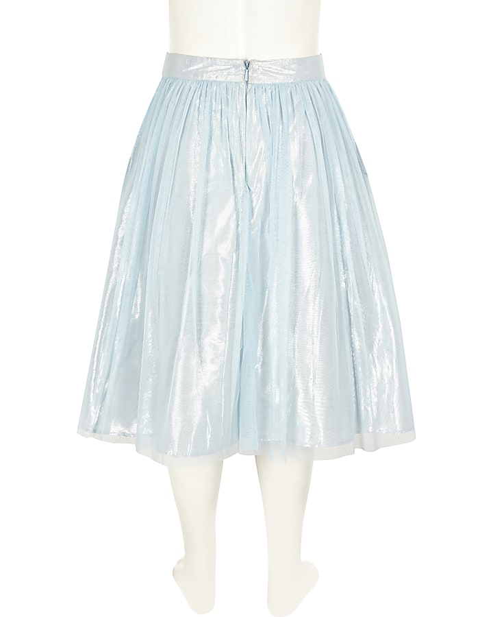 Girls light blue metallic mesh midi skirt