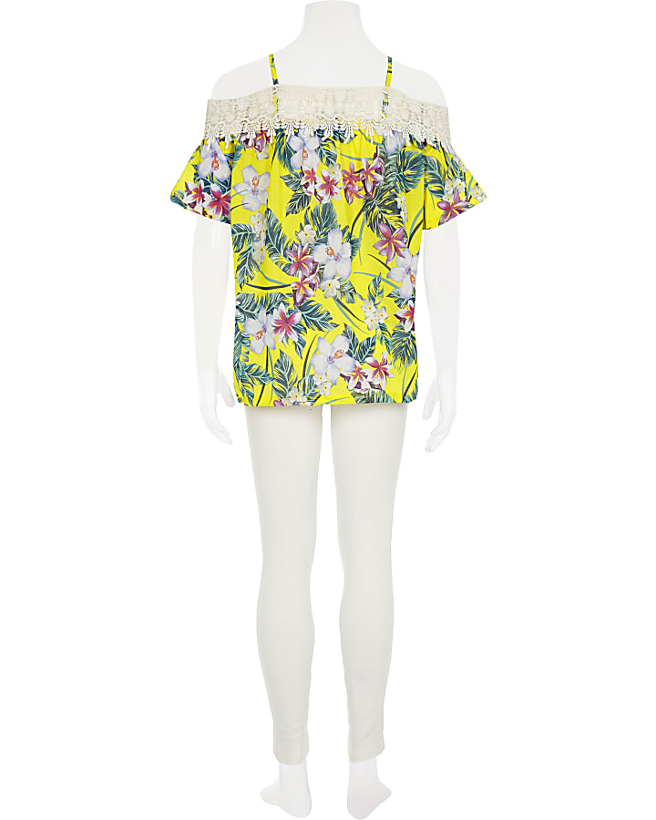 Girls yellow tropical lace bardot top outfit