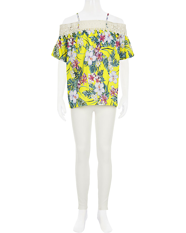 Girls yellow tropical lace bardot top outfit