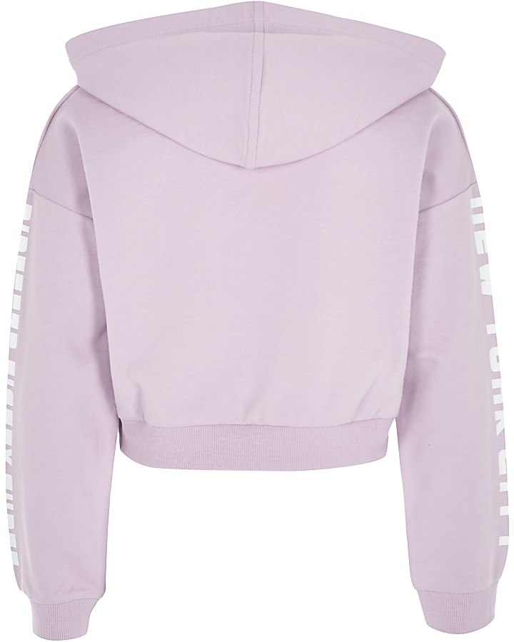 Girls purple print sleeve cropped hoodie