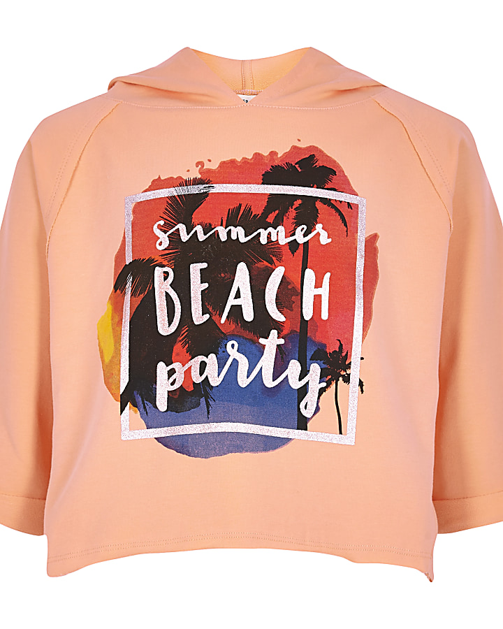 Girls coral 'summer' print cropped hoodie